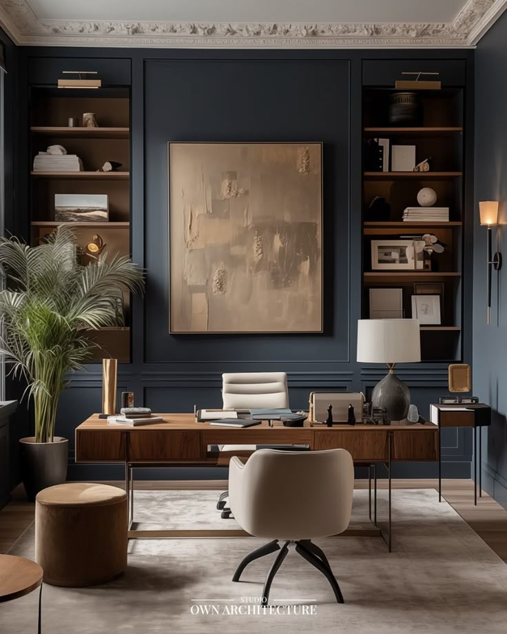 Luxury Home Office space - Modern Traditional Deep Blue Room -
