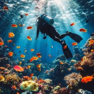 Midjourney_ Scuba diver explores vibrant coral reef, diverse marine life_